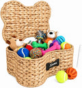 Dog Toy Basket with Lid, Bone Shape Wicker Pet Toy Storage Bin, Handmade Water Hyacinth Dog Organizer with Name Label, Dog Cat Toy Basket Holder Box for Living Room, Leashes, Balls, Blankets