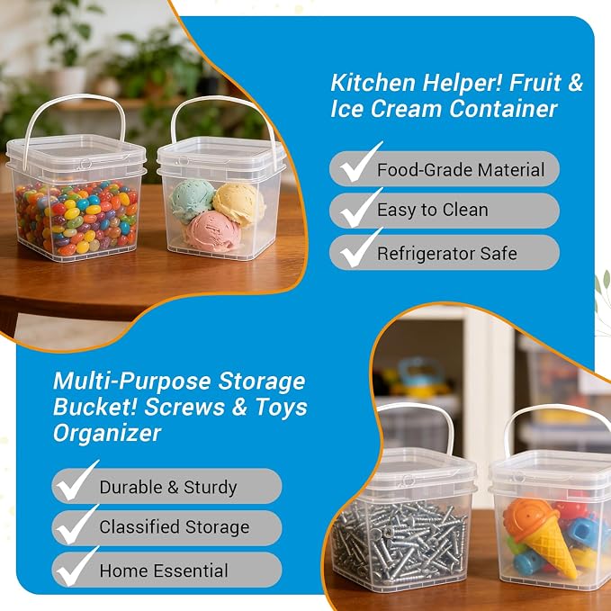 Bucket with Lid - 4 Packs Square Clear Plastic Storage Containers, Food Safe with Handle, Airtight Pressure Lids for Kitchen & Home(Clear, 68 oz)
