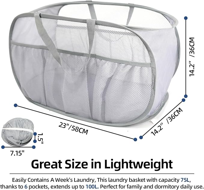 Collapsible Laundry Baskets, Upgrade Pop Up Laundry Hamper with Convenient Bags, Foldable Laundry Basket Mesh Light Weight, Easy to Carry Clothes Hampers for Laundry, Dorm, Toys, Travel Grey