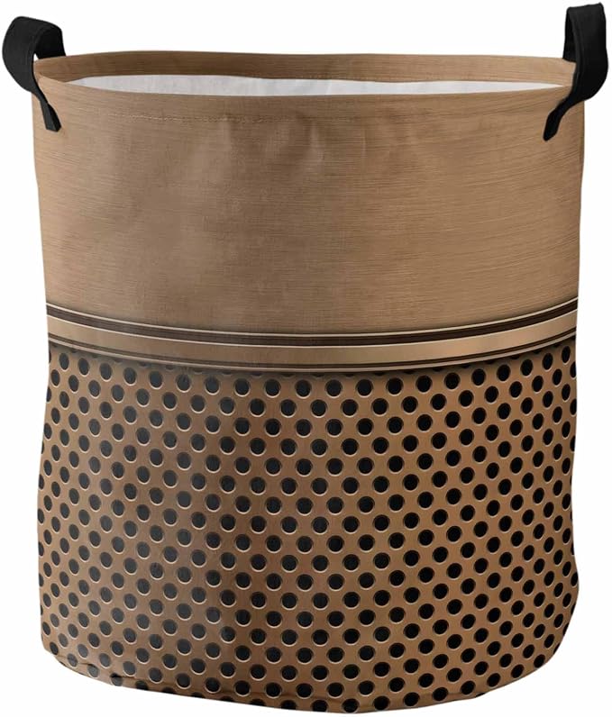 Collapsible Laundry Basket 42L, Brown Metal Hole Storage Bin Laundry Hamper with Handles, Modern Copper Net Eye Hole Pattern Waterproof Clothes Baskets for Bathroom/Bedroom 13.8 x 17 In
