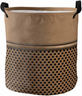 Collapsible Laundry Basket 42L, Brown Metal Hole Storage Bin Laundry Hamper with Handles, Modern Copper Net Eye Hole Pattern Waterproof Clothes Baskets for Bathroom/Bedroom 13.8 x 17 In