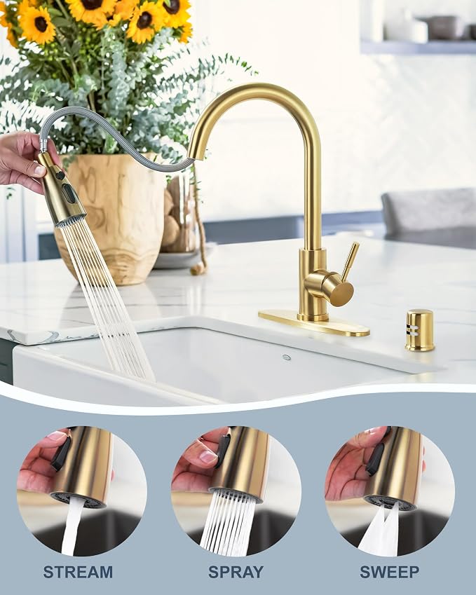 Kitchen Faucet with Air Gap: WOWOW Stainless Steel Kitchen Sink Faucet and Dishwasher Air Gap Kits for Kitchen Sink 2 or 4 Hole, Brushed Gold Kitchen Faucet Combo with Sprayer