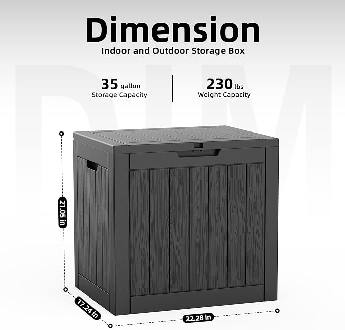 DRATO 35 Gallon Outdoor Storage Box Waterproof, Lockable Resin Deck Box for Patio Furniture, Pool Supplies & Garden Tools, Weatherproof Outside Storage Bin for Backyard Porch (Black, 35 Gallon)