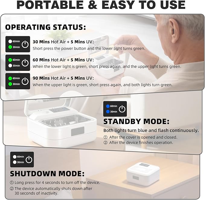 Hearing Aid Dryer Dehumidifier, with UV C Sanitizer Light, Automatic Shut-Off Dryer Box, Fast Drying, Ultra-Quiet and Portable for Hearing Aids, Earbuds, AirPods, Amplifiers, Earbuds, White
