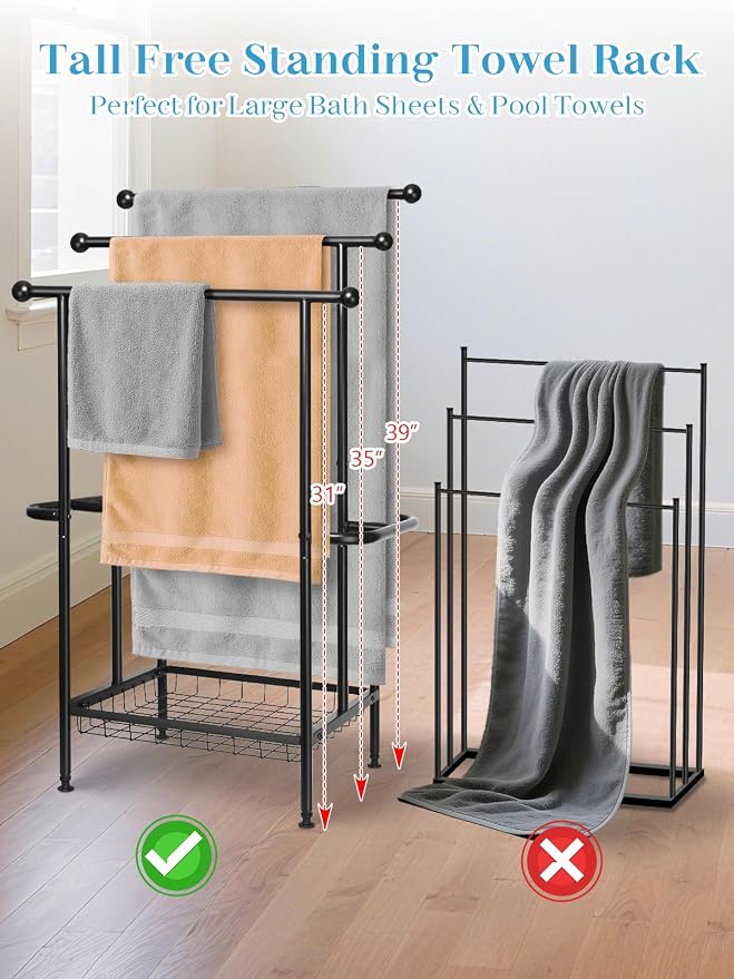 Freestanding Towel Rack for Bathroom, Pool & Outdoor, 3-Tier 39" Metal | Rust-resistant metal towel drying rack with storage basket, designed for oversized towels 24.4" L x 13" W x 39" H
