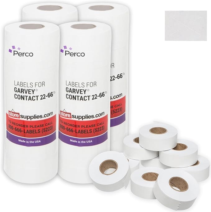 Perco White Price Marking Labels - 36,000 Blank Labels for Garvey 22-66/22-77/22-88 Two Line Pricing Gun with Ink Rolls Included - 36 Rolls, 4 Sleeves - Made in USA