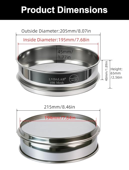 All 304 Stainless Steel 400 Mesh Test Sieve (0.0385mm Aperture), 8 Inch/20cm Diameter, Ultra Fine Micron Filter, Lab Sifter for Scientific Research & High Precision Testing