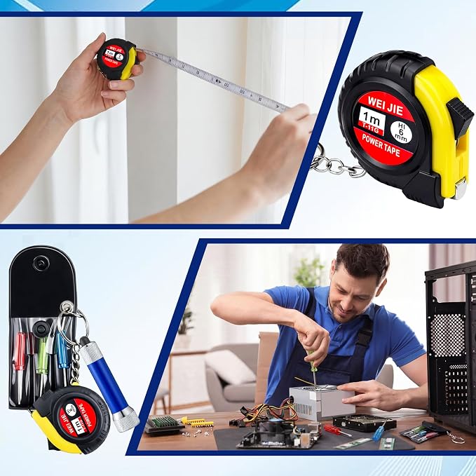 Jutom 180 Pcs Mini Tape Measure Keychain Screwdriver LED Light Keychain Bulk Men Adult Tool Party Gifts Prize for Man Father's Day Housewarming Gifts Adult Useful Tool Favors (Colorful)