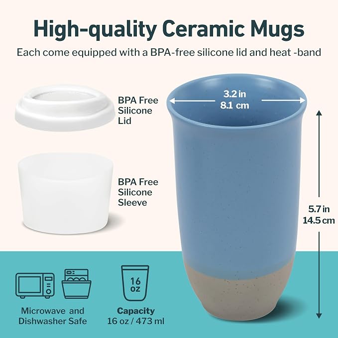 NOVA CERAMICS Travel Mug - Ceramic Coffee Mug With Lid – Microwave & Dishwasher Safe Coffee White & Grey Tumbler - Fits In Cup Holder – 16oz – Coastal Drift