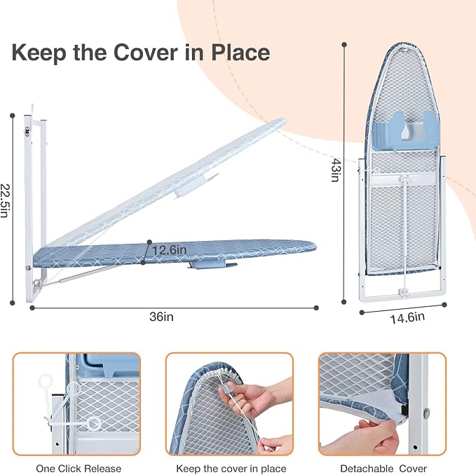 KINGBOARD Wall Mounted Ironing Board with Iron Storage, Foldable Iron Board | 12 x 36 inchs, Compact Iron Board for Small Spaces, Foldable Iron Stand Heat Resistant Cover, Blue