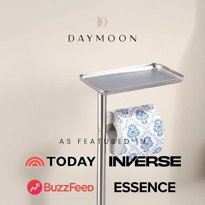 Day Moon™ - Toilet Paper Holder - Modern Roll Holder for Bathroom - 1 Pack - Free Standing - with Shelf, Brushed Nickel
