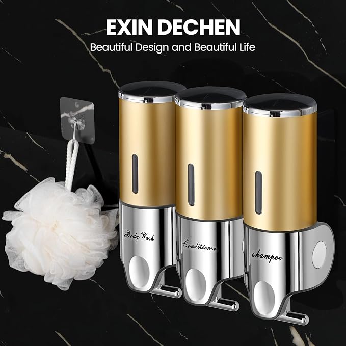 EXIN DECHEN Shampoo and Conditioner Dispenser(Triple x 16.9 oz,Golden) | Easy Installation,Wall-Mounted,Bottle Separable,Large Capacity,Shower Shampoo Conditioner Body Wash Dispenser for Bathroom
