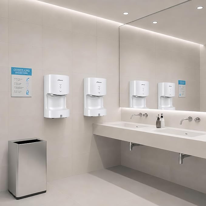 Automatic Commercial Wall Mounted Hand Dryer with Drip Tray, Compact High Speed 110V 1300W, Adjustable Hot & Cold Air, Low Noise for Bathroom & High-Traffic Restrooms,White