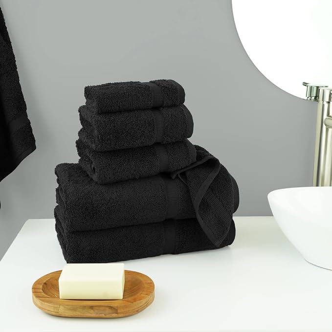 Chakir Turkish Linens 6 Piece Towels Set, 100% Cotton Luxury Turkish Towels for Bathroom, Soft Absorbent Bath Towel Set with 2 Bath Towels 2 Hand Towels 2 Washcloths, Black