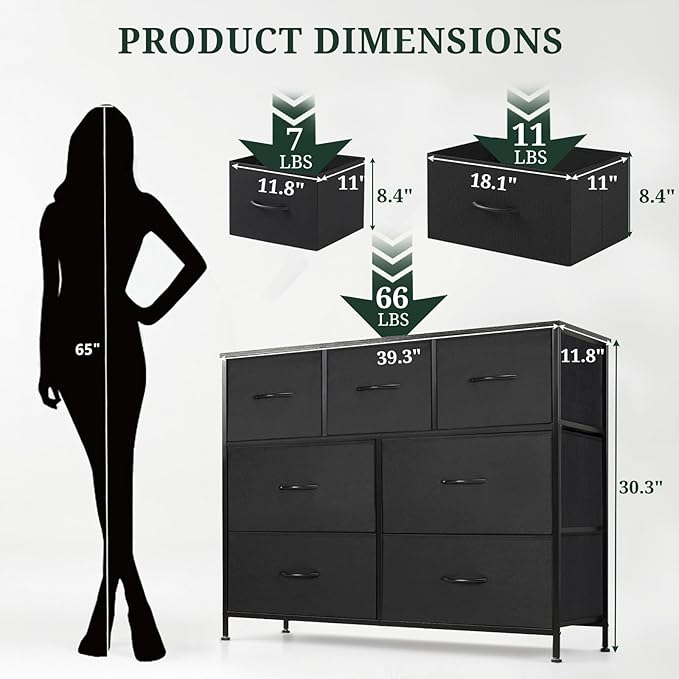 7-Drawer Dresser for Bedroom, Anti-Tip Wide Storage Organizer Fabric Chest of Drawers TV Stand for 45" TV with Wooden Top and Metal Frame for Closet, Living Room, Hallway, Entryway, Black