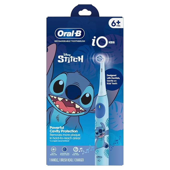 Oral-B iO Kids Rechargeable Electric Toothbrush, Stitch with 1 Brush Head - Automatic Pressure Sensor - 3 Cleaning Settings - 2 Min Music Timer - 28 Day Battery Life