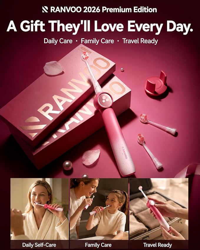 RANVOO AirJet X5 [Gift-Ready Pink Edition | Next-Gen Jet-Flow] Electric Toothbrush, 100% Plaque Removal, Whitening & Gum Care, 60-Day Battery Life, Rechargeable with 3 Pro Brush Heads, Cyclamen Pink