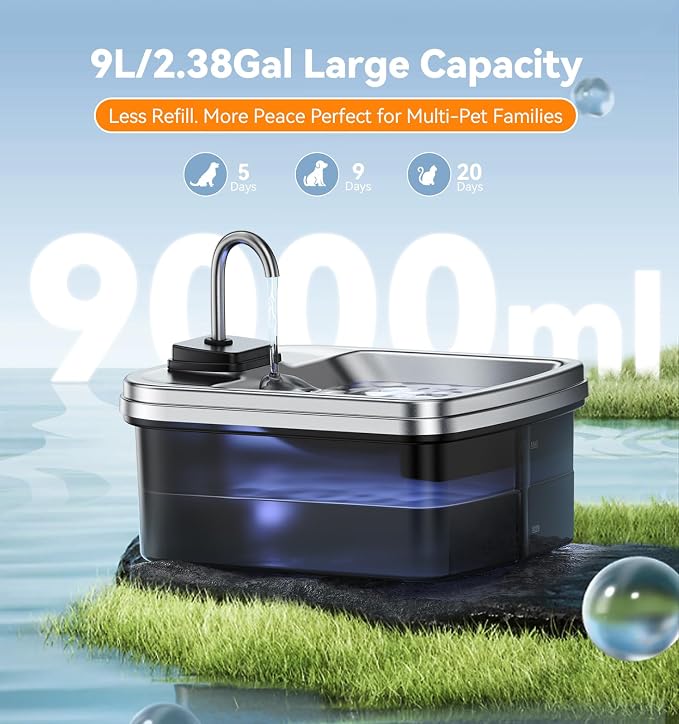 9L/2.38Gal Dog Water Fountain Elevated with 4-Height Adjustable Stand, FeelNeedy Large Pet Water Dispenser with Durable Ultra-Quiet Pump & 304 Stainless Steel Tray, Water Fountain for Dogs Indoor