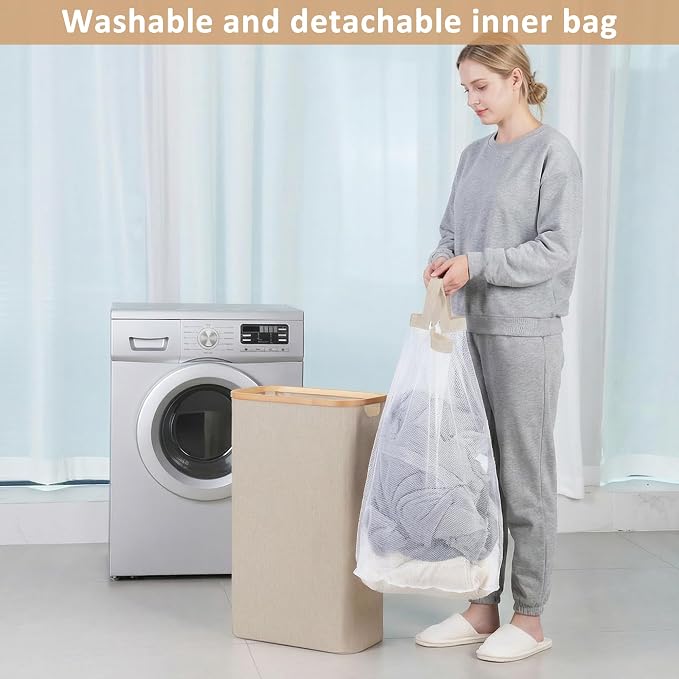iEGrow 65L Slim Laundry Hamper, Narrow Laundry Basket with Lid,Foldable Clothes Hamper with Bamboo Handles,Hamper Basket with Removable Inner Bag for Laundry Room Bedroom College Dorm,Oatmeal