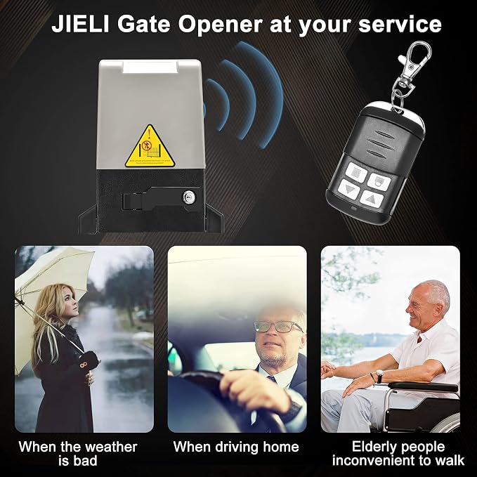 JIELI 1800lb Heavy Duty Automatic Sliding Gate Opener with Four Remote Controls,Chain Drive Motor for Driveway Rolling Gate up to 40 Feet,Sliding Gate Opener Hardware Security System Kit