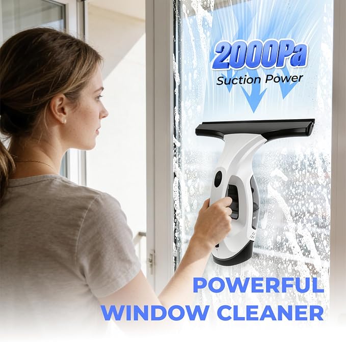 Window Vacuum Squeegee Cordless, Electric Window Cleaner Squeegee with 2000Pa Suction, 280mm Wide Blade, 150ml Tank for Shower Glass, Mirrors, Tiles & Car Windows