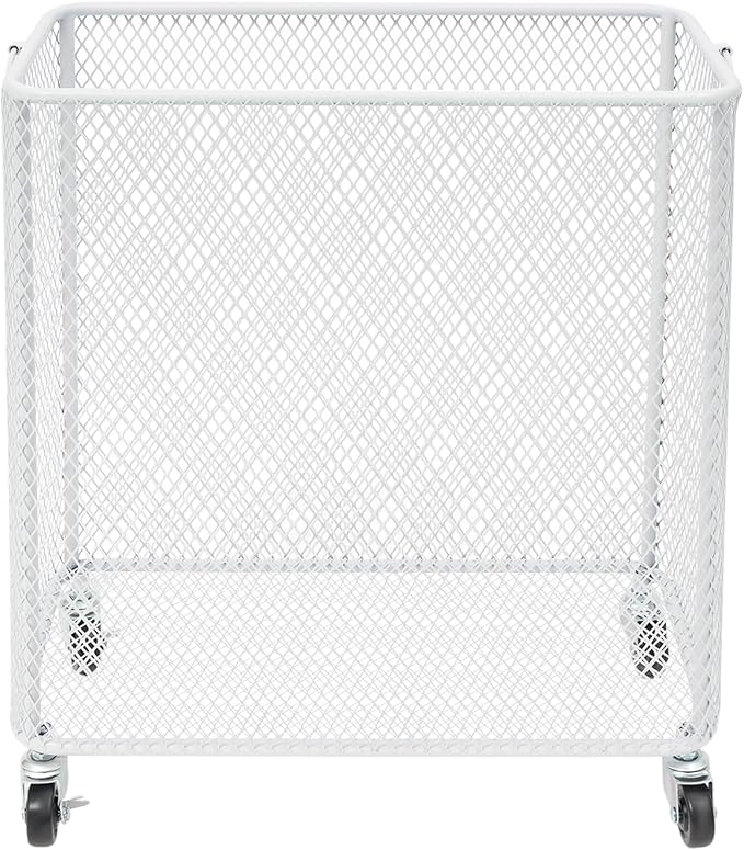 Laundry Basket, Large Rolling Fashion Laundry Basket, Dirty Clothes Hamper Cart with Wheels Metal Dorm Room Essentials for Laundry Room, Balcony, Bathroom, Bedroom, Kitchen (White, Rectangular)