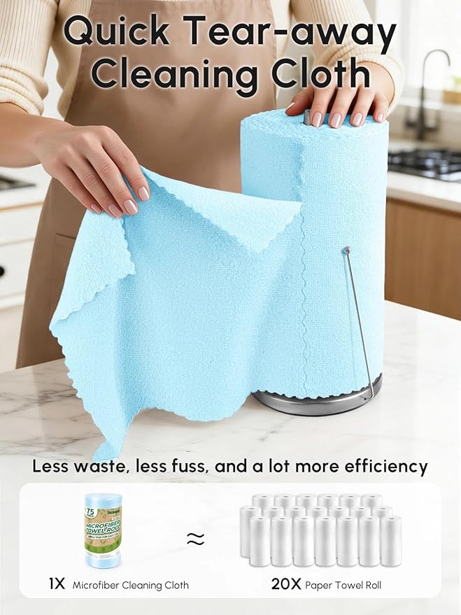 Microfiber Cleaning Cloths Roll, 75 Pack Tear Away Microfiber Towels Roll, 12" x 12" Lint Free Rags, Reusable Cleaning Cloths, Washable, Scratch Free,Ultra Absorbent Dish Rags(Blue)