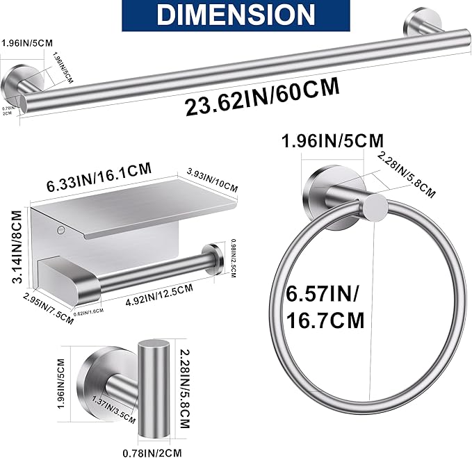 5 Pieces Bathroom Hardware Accessories Set Brushed Nickel, 24Inch Round Towel Racks Set for Bathroom, SUS304 Stainless Steel Towel Bar Set,Toilet Paper Holder with Shelf Wall Mounted
