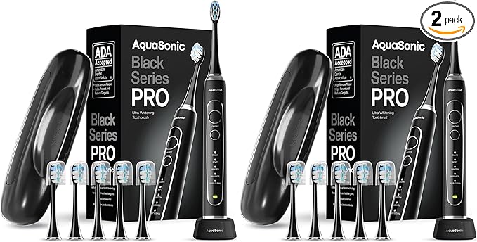 Aquasonic Black Series PRO – Ultra-Whitening Electric Toothbrush – 5 Modes & Smart Timers – Premium Travel Case & 6 Proflex Brush Heads – ADA Accepted Toothbrush (Pack of 2)