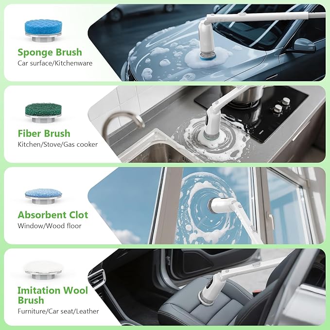 Electric Spin Scrubber, Cordless Cleaning Brush, 3H Work Time, Bathroom Scrubber with LED Display, 3-Speed Extendable Handle, IPX7 Waterproof, 8 Brush Heads for Shower, Tile, Tub, Floor, Toilet, Grout