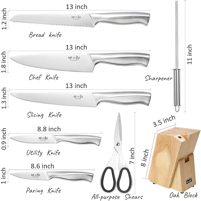 Knife Set, 8 Piece German Stainless Steel Hollow Handle Manual Knife Sharpener Forged Kitchen Knives Set with Oak Wooden Block Gift