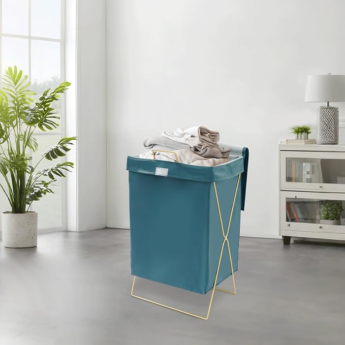 X-Frame Collapsible Laundry Basket, Foldable Dirty Clothes Basket w/Lid, Laundry Hamper Washing Bin for Bathroom, Bedroom, Dorm (Blue A)
