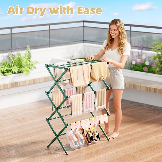 BAKON Foldable Space Saving Clothes Drying Rack, Extendable Rustproof Laundry Rack for Indoor Outdoor Dorm Room Apartments RV, Green