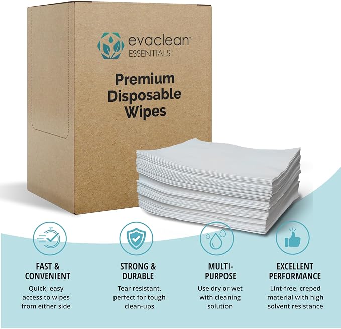 EvaClean Extra Large Premium Disposable Wipes - Lint-Free, Strong & Versatile, Solvent-Resistant, Use Dry or with Water, Cleaners, Sanitizers, or Disinfectants - 13.75" x 12", 200 Wipers per Box