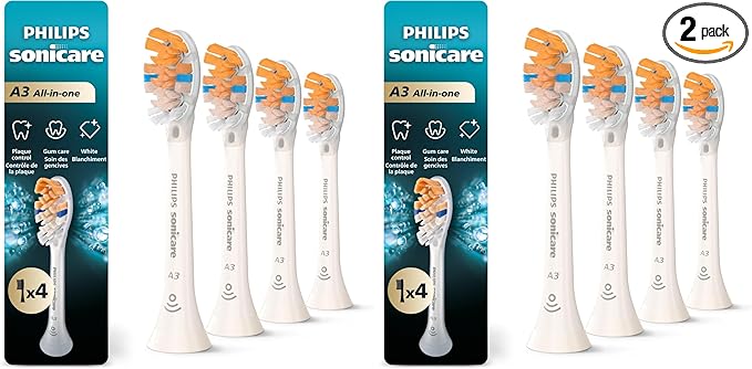 Philips Sonicare A3 All-in- - Genuine Replacement Electric Toothbrush Heads,White,Year Supply,HX9094/65,4 Count (Pack of 2)