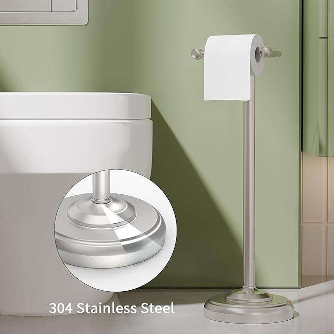Toilet Paper Holder Stand, Brushed Nickel Toilet Paper Holder Free Standing,Post Pivoting Design & Stable Weighted Base SUS304 Stainless Steel for Bathroom