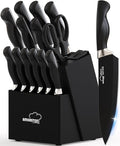 Knife Set 15 Piece Kitchen Knife Set with Block | Built in Sharpener, German Stainless Steel, Dishwasher Safe, Black Kitchen Knives Complete Set, For Home Cooking & Gifting