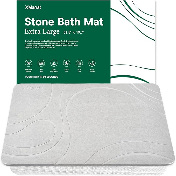 XMarrat Large Stone Bath Mat, Super Absorbent Diatomaceous Earth Bath Mat, Quick Drying Non-Slip Diatomite Stone Bath Mats for Bathroom, Easy to Clean (Light Gray, 31.5" x 19.7")