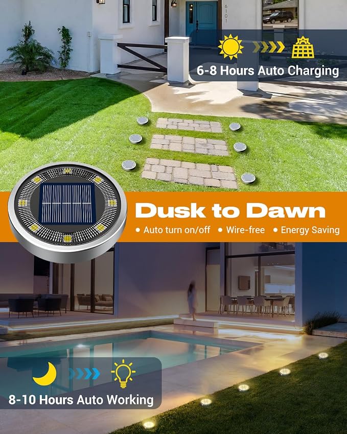 btfarm 10 Pack Solar Lights Outdoor Waterproof, 8 LED Solar Ground Lights | Stainless Steel, Easy-to-Install Flat Solar Disc Lights, Pathway Lights for Garden Lawn Patio Yard Path Landscape, Warm White