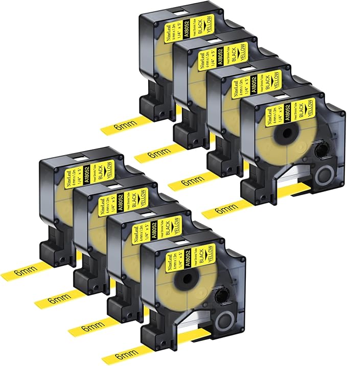 NineLeaf 8 Pack Compatible Labels Tape Replacement for Dymo 18052 1/4 inch Black on Yellow Heat Shrink Tube Labels 6mm x 1.5m for Wires and Cables Use in Rhino 4200 5200 5000 6000 3M Label Maker
