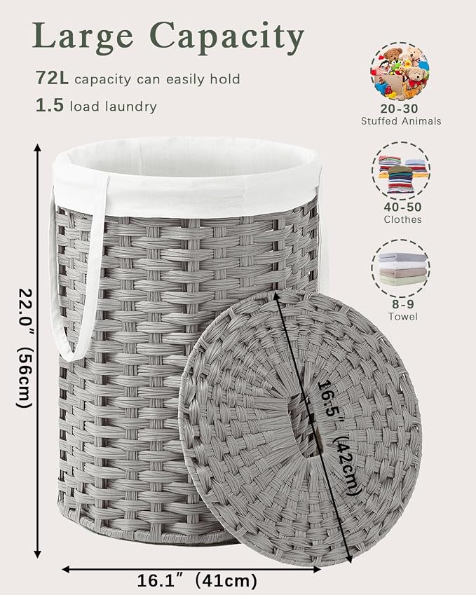 SETVSON Laundry Hamper with Lid Laundry Basket with Lid 19.0 Gal, Gray | Round Clothes Organizer with Lid, Removable Inner Liner Bag with Handles, 2 Mesh Wash Bags, Easy 5-Minute Assembly