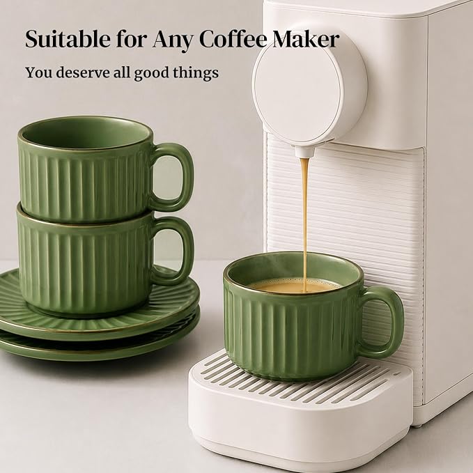 DOWAN Cappuccino Cup Set of 4, 8 OZ Ceramic Coffee Cups with Saucers, Coffee Mugs, Ribbed Espresso & Latte Cups Set, Elegant Stoneware for Home & Café Use