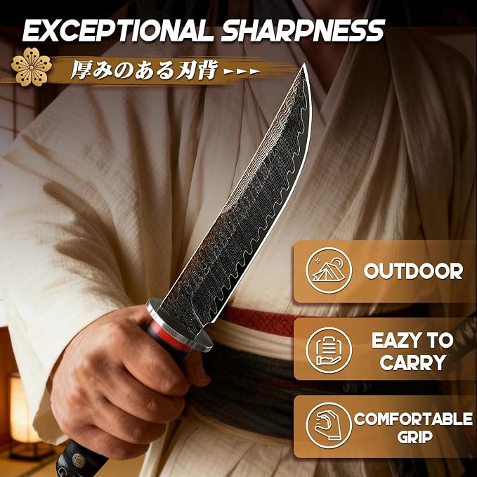 Purple Dragon Japanese Fixed Blade Knife - Ideal Gifts for Men | Gift Box, Samurai Katana Knife with Wooden Sheath, Razor Sharp Camping Knives for Survival Bushcraft