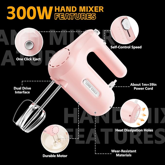 Lord Eagle 5-Speed Hand Mixer Electric, 300W Compact Handheld Mixer, Portable Kitchen Egg Beater with 5 Attachments & Storage Bag, Cake Supplies for Bread Dough Baking, Lightweight, Pink