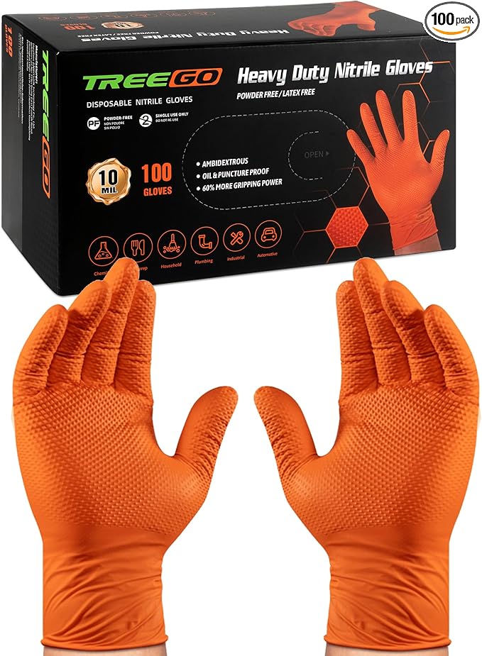 TREEGO 10 Mil Heavy Duty Orange Nitrile Mechanic Gloves, 100 Count XL | Diamond Grip Rubber Gloves, Latex & Powder Free for Heavy Equipment, Utility Repair, Chemical Handling & Job Sites