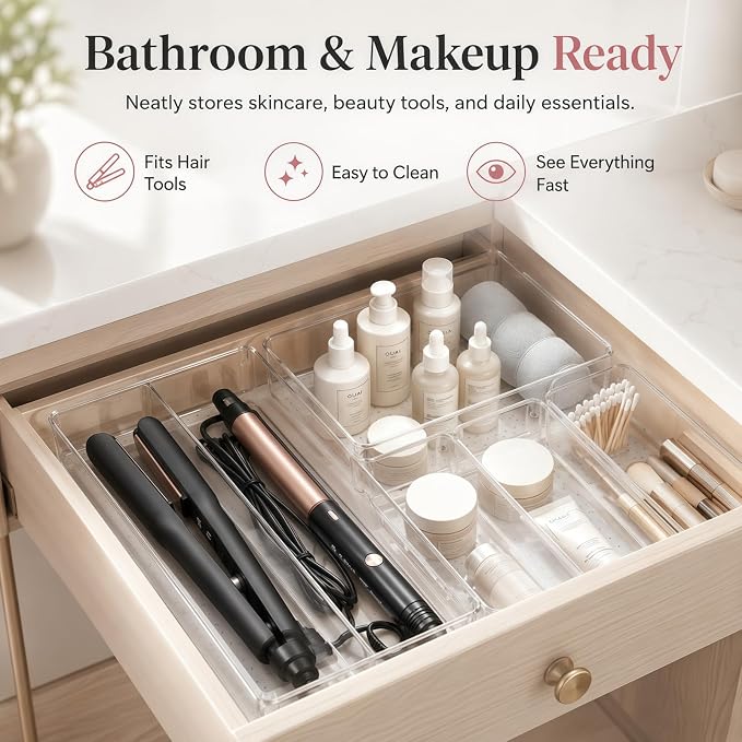10 Pack Large Drawer Organizer Bins - Clear Plastic Bathroom Drawer Organizer Trays - Heavy Duty Kitchen Drawer Dividers for Utensils - Non-Slip Storage Bins for Makeup, Bedroom, Office Desk