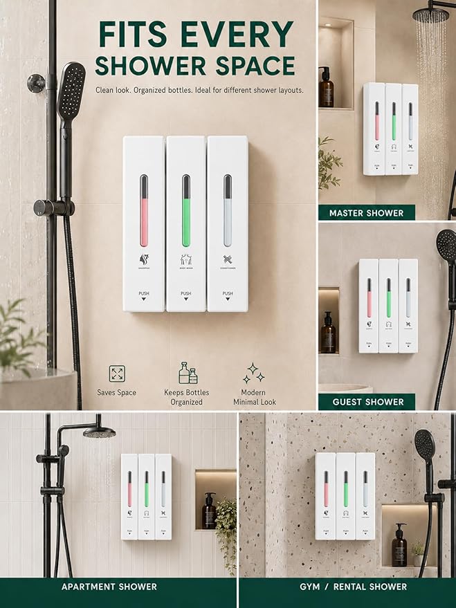 Shampoo and Conditioner Dispenser Wall Mounted, 3-Chamber Shower Soap Dispenser for Bathroom, 1200ML Large Capacity, No-Drill Installation, Clog-Free Pump for Thick Liquids (white-3-pack)