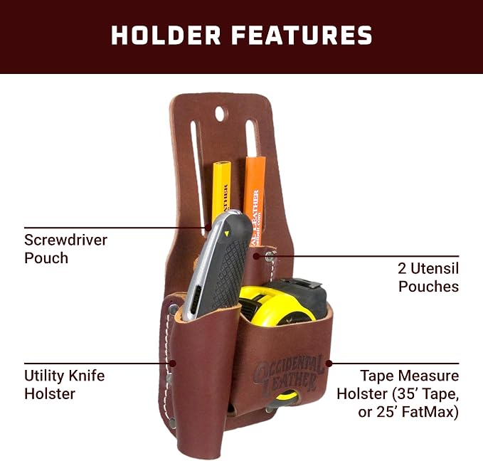 Occidental Leather Tape & Knife Holder - Holds Utility Knife, 2 Pencils & 35’ Tape or 25’ FatMax Holder for Chalk Lines - Made in USA
