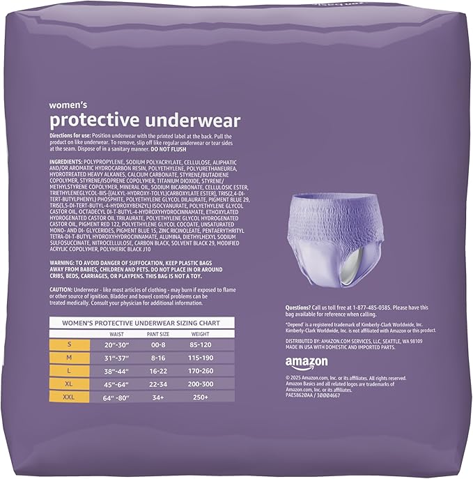 Amazon Basics Postpartum Incontinence Underwear for Women, Maximum Absorbency, Fresh Protection, Bladder Leak Protection, Disposable, XX-Large, Lavender, 14 Count (Pack of 2)