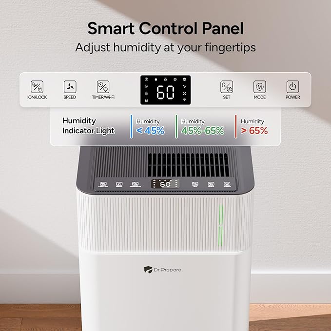 DR.PREPARE 3800 Sq.Ft Energy Star Dehumidifier, Max 65 Pints, Smart Dehumidifier with App/Wi-Fi for Basement, Bedroom with Drain Hose, Intelligent Humidity Control, Dry Clothes, Sleep Mode, 24H Timer